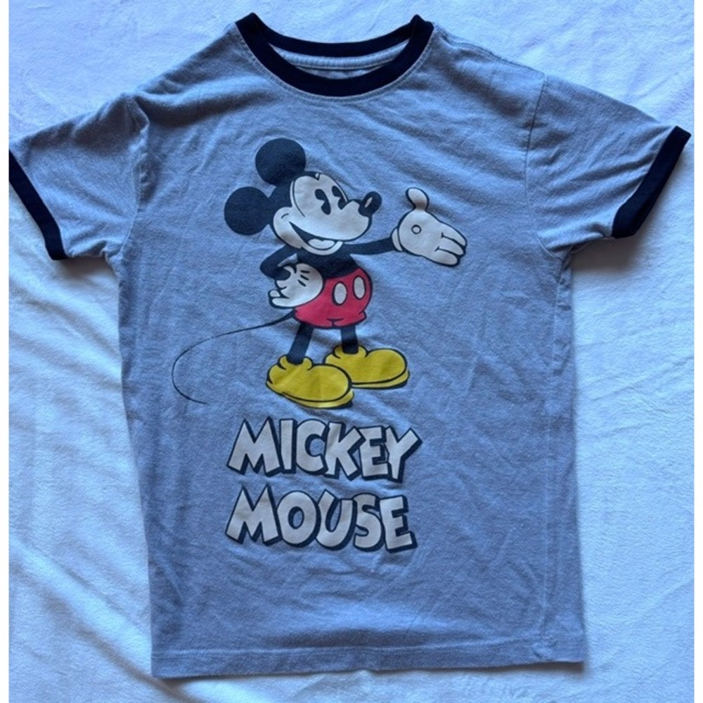Disney Mickey Mouse Kids Ringer T-Shirt Heather Gray Graphic Tee Size S 6-7